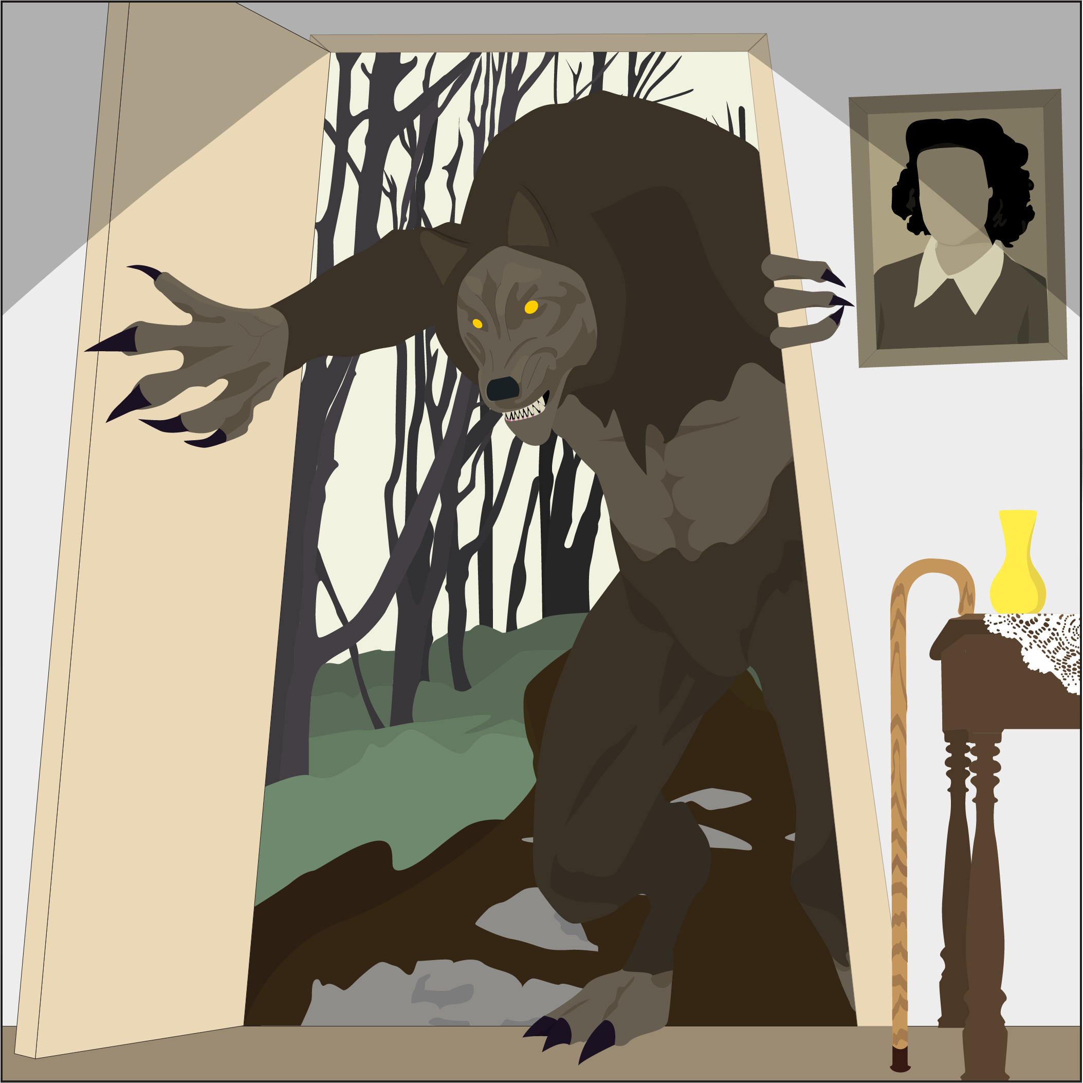 a digital sketch of the Big Bad Wolf prowling through a doorway